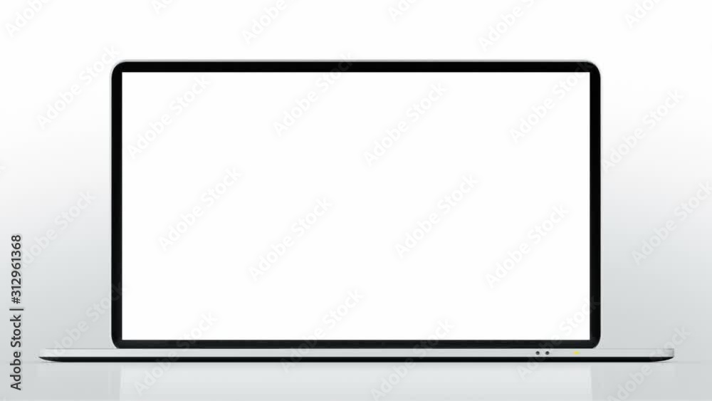 Thin laptop animation. Spinning. Highly detailed aluminum laptop spinning and opening over white background. The white display is perfect for tracking and adding your own photos or videos.