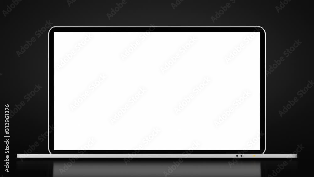Highly detailed aluminum laptop spinning and opening over black background. 3 videos in 1. The white display is perfect for tracking and adding your own photos or videos. 