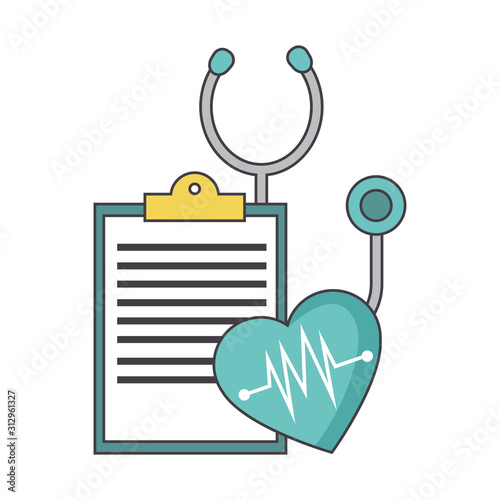 stethoscope, medical report and cardio heart
