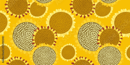Bright seamless pattern with sunflowers on a rich yellow background. Abstract floral print in hand-drawn style. Excellent design for fabrics  Wallpaper  sunflower oil packaging  health food...Vector.