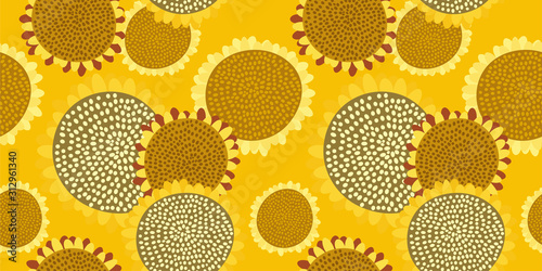 Bright seamless pattern with sunflowers on a rich yellow background. Abstract floral print in hand-drawn style. Excellent design for fabrics, Wallpaper, sunflower oil packaging, health food...Vector.