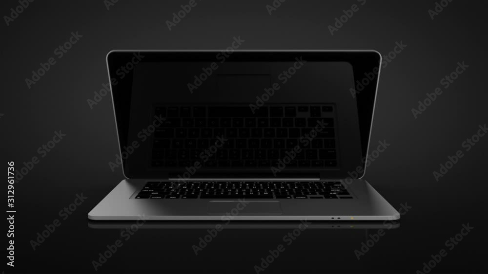 Highly detailed aluminum laptop spinning and opening over black background. Thin. Technology animation. 4 in 1. The white display is perfect for tracking and adding your own photos or videos.