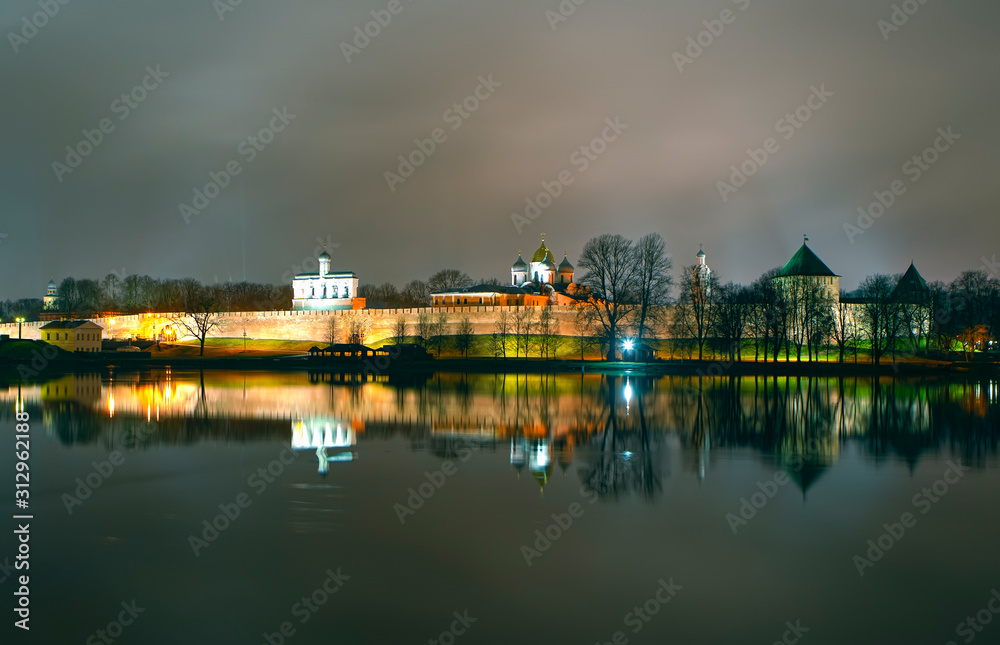 Night Kremlin, Sofiyskaya Embankment and Volkhov River. Velikiy Novgorod. Russia
