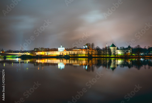 Night Kremlin, Sofiyskaya Embankment and Volkhov River. Velikiy Novgorod. Russia © aphonua