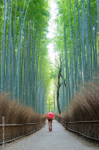 An Asian woman wearing Japanese traditional kimono standing in Bamboo Forest during travel holidays vacation trip outdoors in Kyoto, Japan. Tall trees in natural park. Nature landscape background.