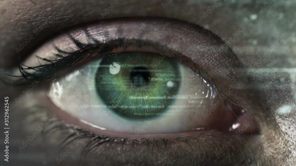 Female eye with program code. Futuristic. Technology. Dark. Green and blue. Eye close-up with computer data appearing. 2 colors in 1 file. More options in my portfolio.