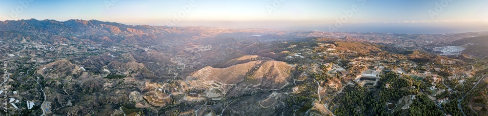 Panoramic Aerial view of landscape in Cyprus. mountains, terraces and olive trees