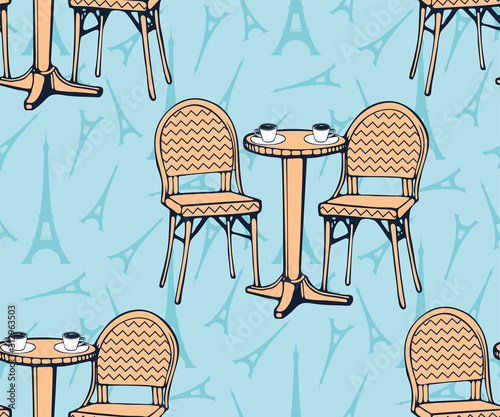 Seamless pattern with cafe and Eiffel Tower. Hand drawing decorative background. Vector pattern. Print for textile, cloth, wallpaper, scrapbooking