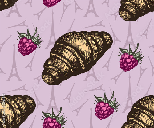 Seamless pattern with cafe and Eiffel Tower. Hand drawing decorative background. Vector pattern. Print for textile, cloth, wallpaper, scrapbooking