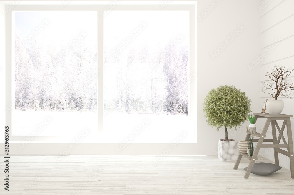 Mock up of empty room in white color with winter landscape in window. Scandinavian interior design. 3D illustration