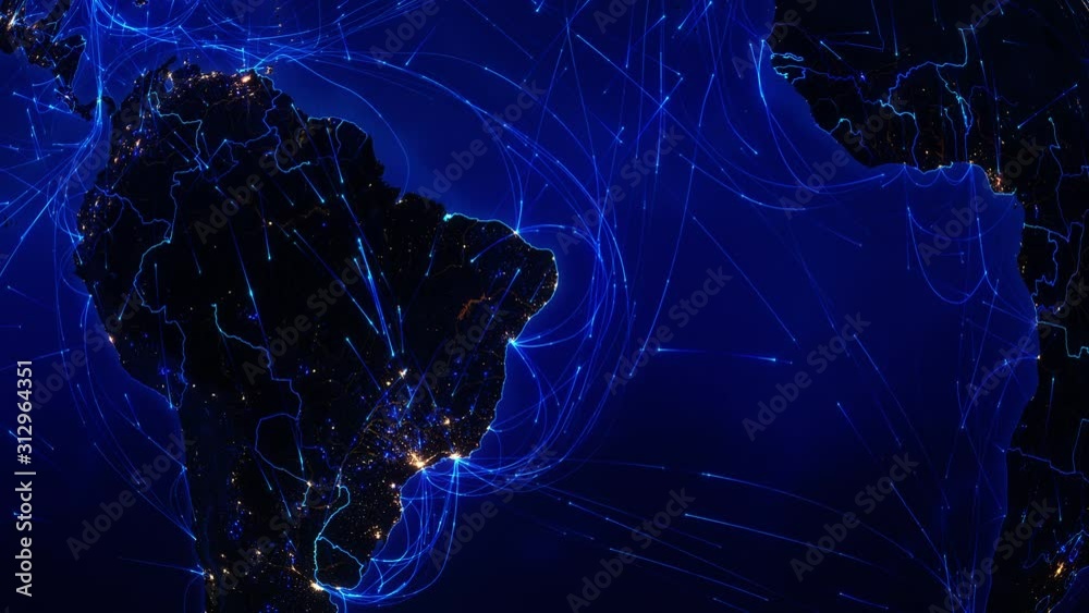 World connections. South America. Aerial, maritime, ground routes and country borders. Animation of the Earth with bright connections and city lights. Locked. Blue.  