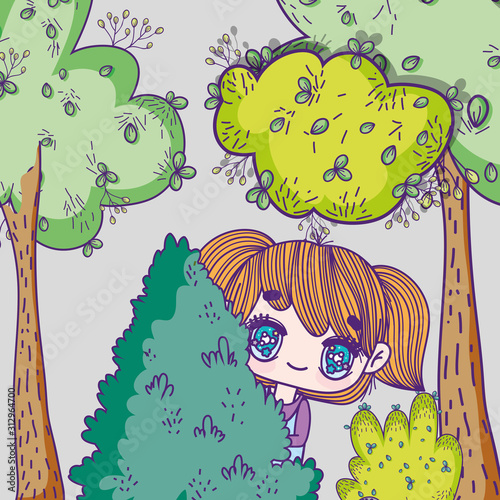kids, little girl anime cartoon behind tree foliage forest