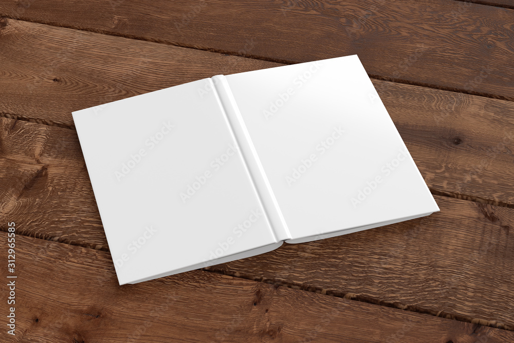 Blank white vertical open and upside down book cover on wooden boards isolated with clipping path around cover. 3d illustration Blank white vertical open and upside down book cover on wooden boards isolated with clipping path around cover. 3d illustration