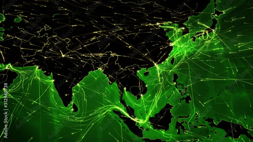 World connections. Asia. Animation of the Earth with bright connections and cities. Green. Locked. Aerial, maritime, ground routes and country borders. World connections. Asia. Animation of the Earth with bright connections and cities. Green. Locked. Aerial, maritime, ground routes and country borders.