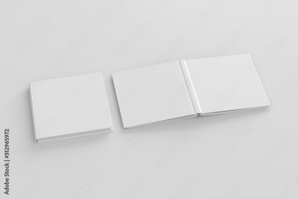 Blank white square closed and open and upside down book cover on white background isolated with clipping path around cover. 3d illustration Blank white square closed and open and upside down book cover on white background isolated with clipping path around cover. 3d illustration