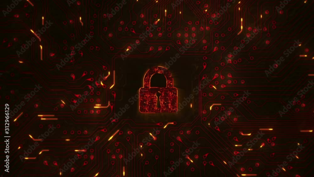 Network security. Lock with circuit board. Firewall. Technology. Orange ...