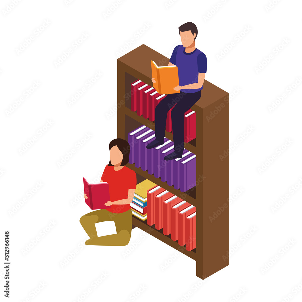 bookshelf and woman and man reading around bookshelf and woman and man reading around