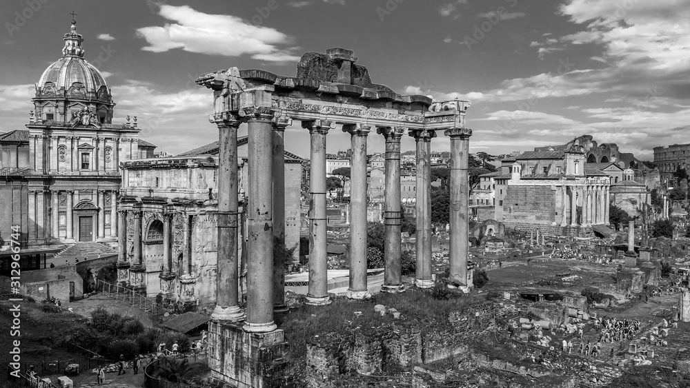 Black and white top view of ancient ruins of the Roman forum or Forum Romanum in Rome, Italy