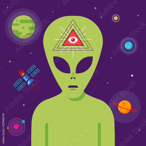 conspiracy of masons and aliens against the background of space. telepathic communication with extraterrestrial intelligence. Flat character vector illustration.