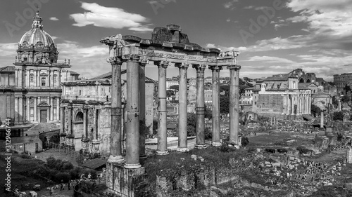 Photography Black and white top view of ancient ruins of the Roman forum or Forum Romanum in