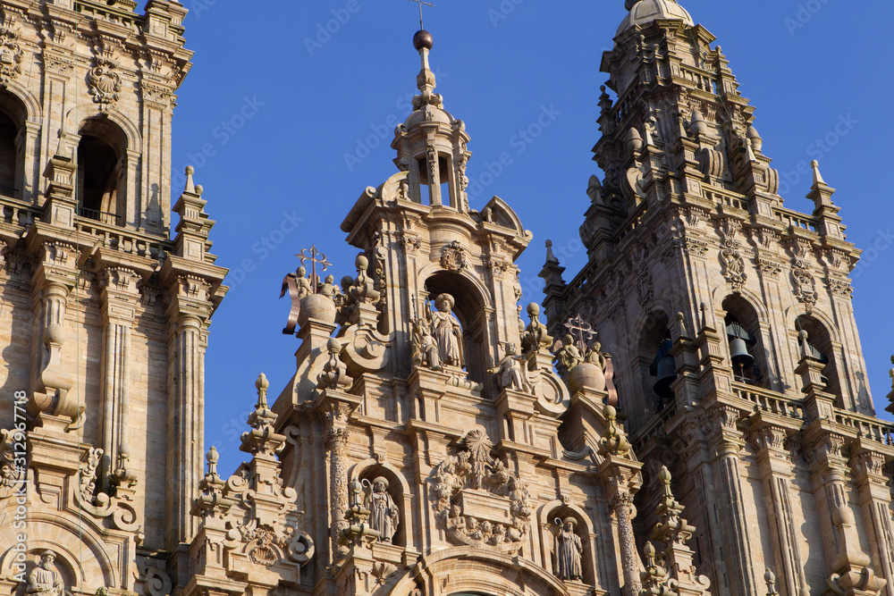 view of the main baroque facade of the cathedral of Santiago de Compostela in the obradoiro square on December 6, 2019