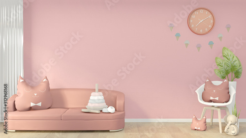 pink chidren room interior minimal design. 3D rendering