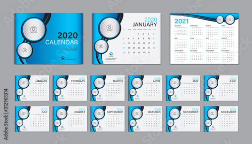Desk Calendar 2020 template Vector, Calendar 2021 Design, Week Start On Sunday, Planner, Stationery, Printing, advertisement, Cover template, Blue background