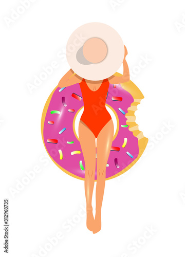Young pretty girl, woman in bikini resting on floating inflatable ring on the water surface, top view cartoon vector illustration . Young happy woman, girl swimming on inflatable ring