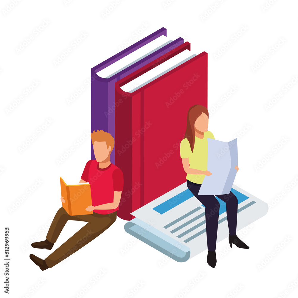 man and woman reading around of big books and newspaper man and woman reading around of big books and newspaper