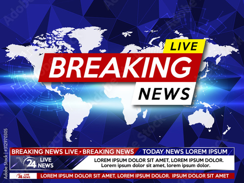 Background screen saver on breaking news. Breaking news live on world map on the blue background.