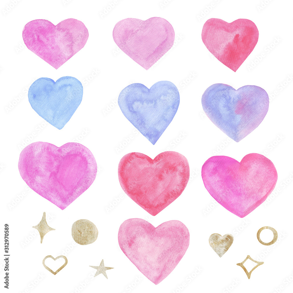 watercolor hearts of tender pink and blue and gold stars and circles set elements on a white background.