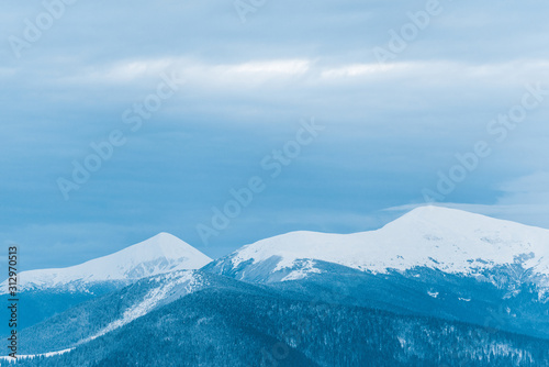 scenic view of snowy mountains and cloudy sky
