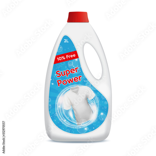 White plastic bottle on the white background for liquid laundry detergent, cleaning agent, bleach for fabric with label.