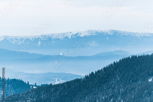 Fototapeta Naklejka Na Ścianę i Meble -  scenic view of snowy mountains with pine trees and white fluffy clouds