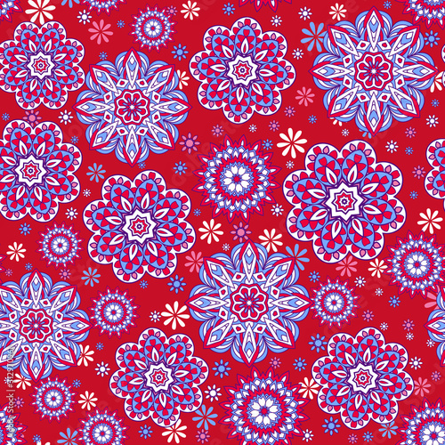 Seamless ornamental oriental pattern. Repeating geometric tiles with mandala. Vector laced decorative background with floral and geometric ornament. Indian or Arabic motive. Boho festival style