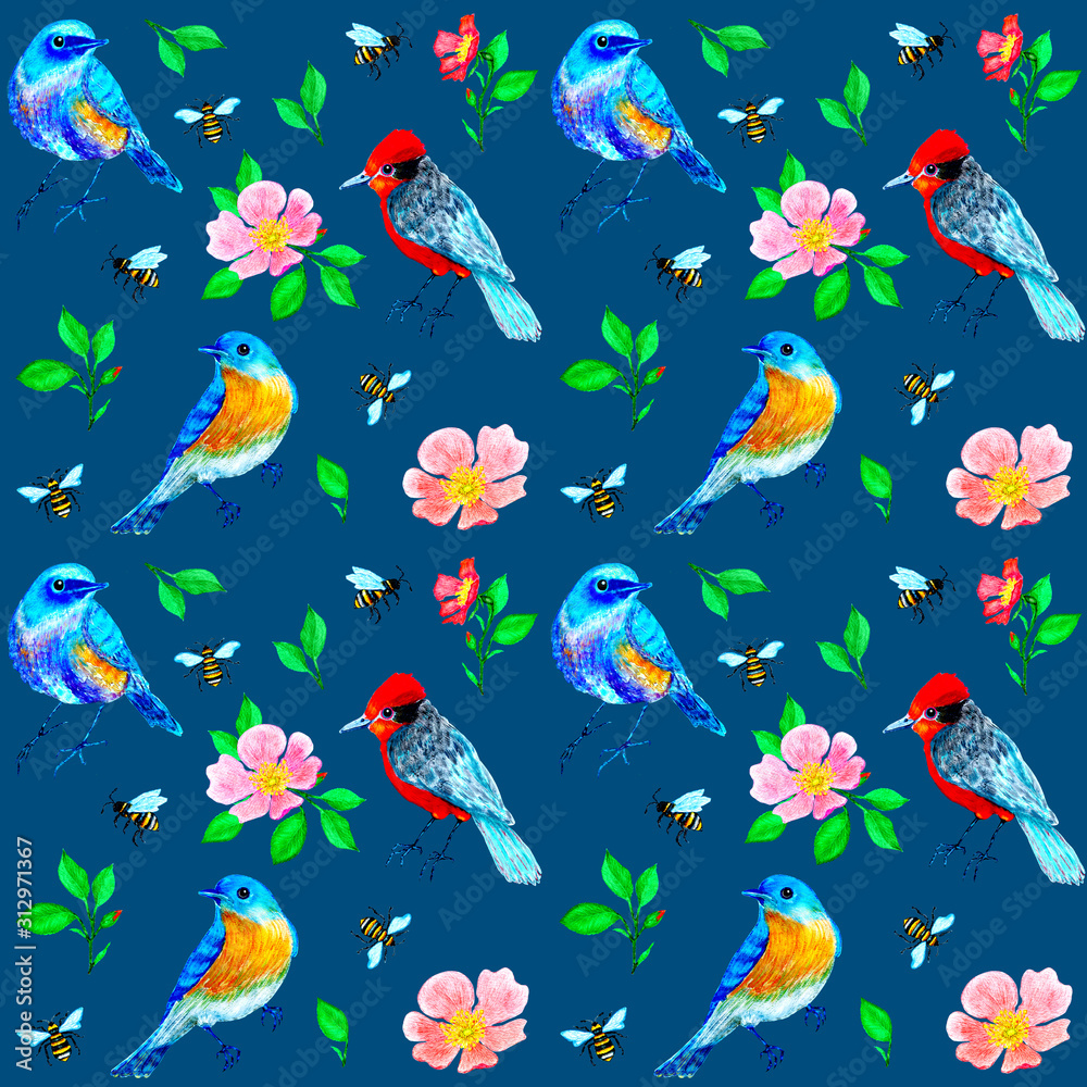 Seamless pattern with birds, bees and dog-rose flowers on blue background Seamless pattern with birds, bees and dog-rose flowers on blue background