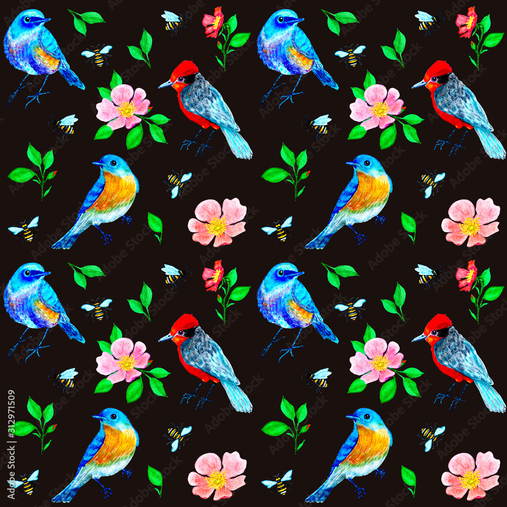 Obraz premium Seamless pattern with birds, bees and dog-rose flowers on dark background