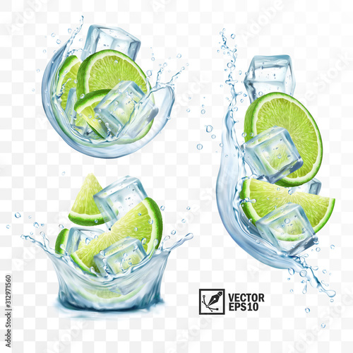 3D realistic transparent vector set splash mojito, Ice cubes, mint leaves, water splash and lime