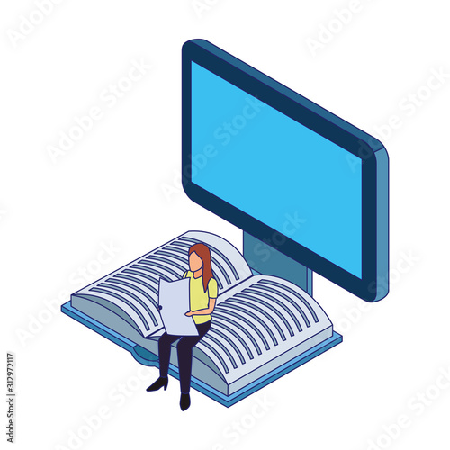 computer and woman reading sitting on a book