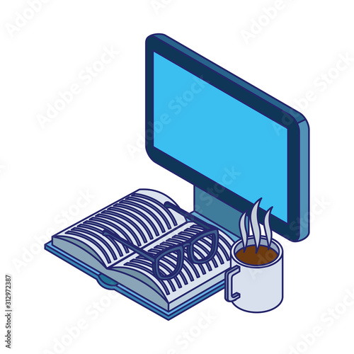 computer, coffee mug and book with glasses