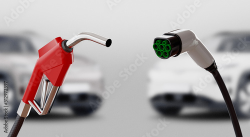 Diesel versus electric. Gas or electric station. 3d rendering photo
