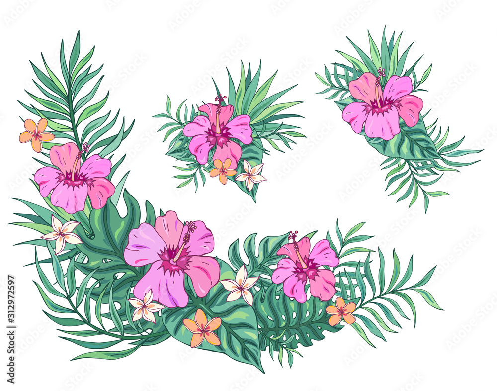 Tropical bouquet with plumeria, hibiscus and palm leaves. Vector isolated illustration on white background. Exotic set tropical garden for wedding invitations, greeting card and fashion design. Tropical bouquet with plumeria, hibiscus and palm leaves. Vector isolated illustration on white background. Exotic set tropical garden for wedding invitations, greeting card and fashion design.