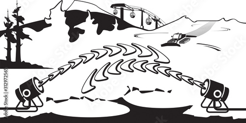 Snow generators working on ski slope – vector illustration