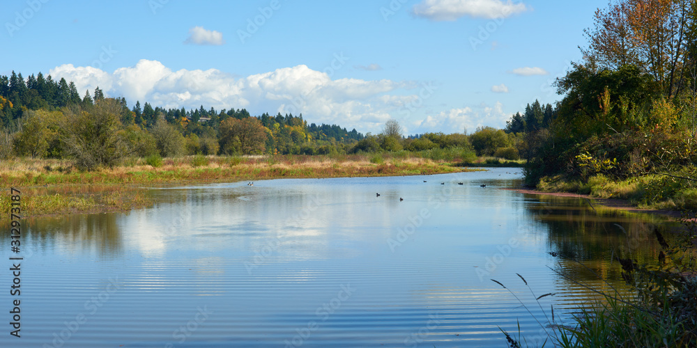 Panoramic view of the Salmon Creek near Vancouver city in Washington.