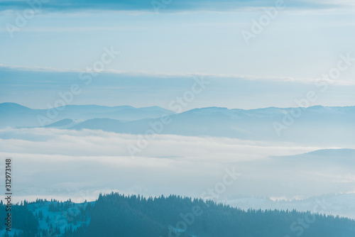 scenic view of snowy mountains with pine trees in white fluffy clouds