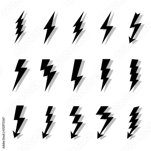 Lightning bolts vector logo set. Concept of energy and electricity. Flash collection. Power and electric symbols, high speed, swiftness and rapid emblem.