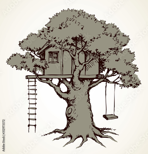 Wooden tree house. Vector drawing