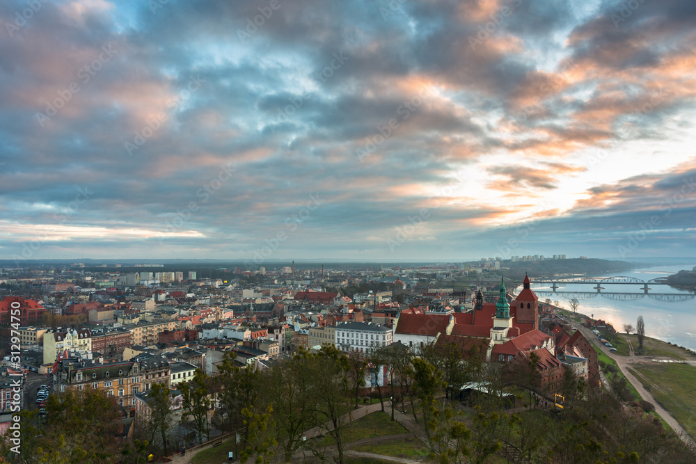Panorama of Grudziadz city from Klimek tower at sunset, Poland.