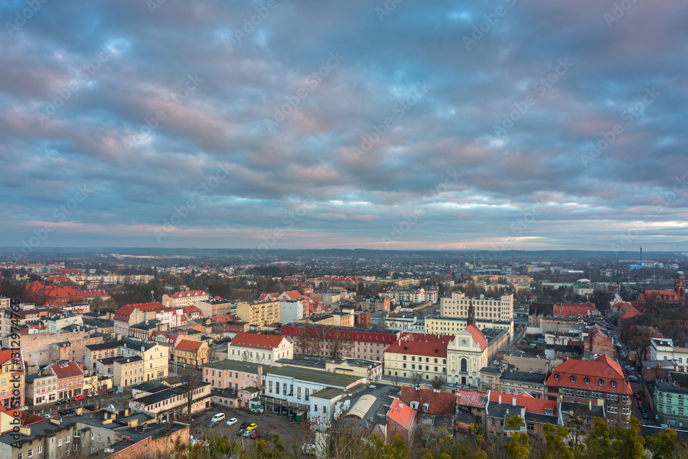 Panorama of Grudziadz city from Klimek tower at sunset, Poland.