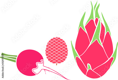 Set of pink fruits and vegetables in flat style isolated on white background